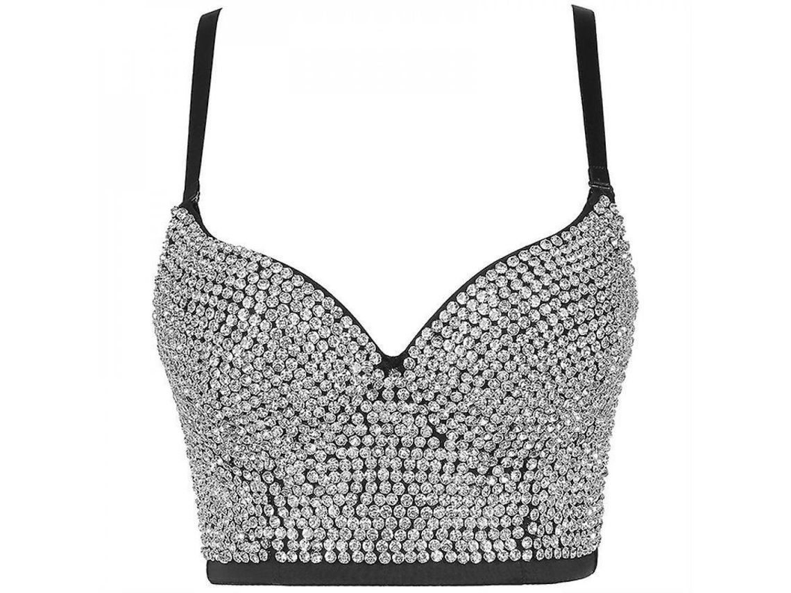 2026-corset Crop Top Para Mulher Com Calcinha E Pedras, Top Sexy Com Alças Ajustáveis E Removíveis 38c Negro