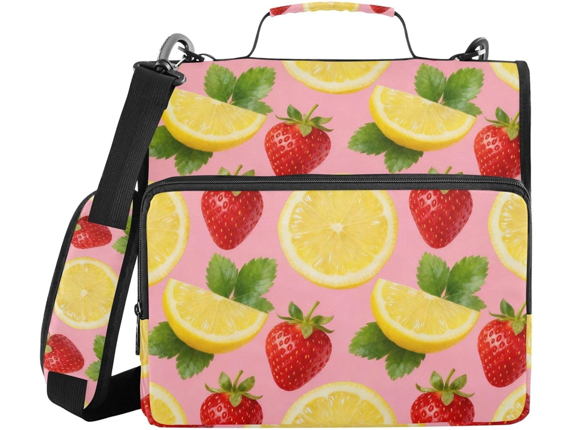 Conjunto de 3 anéis com fundo rosa claro, confeccionados com estampa de limão e morango, inclui estojo com zíper e organizador.