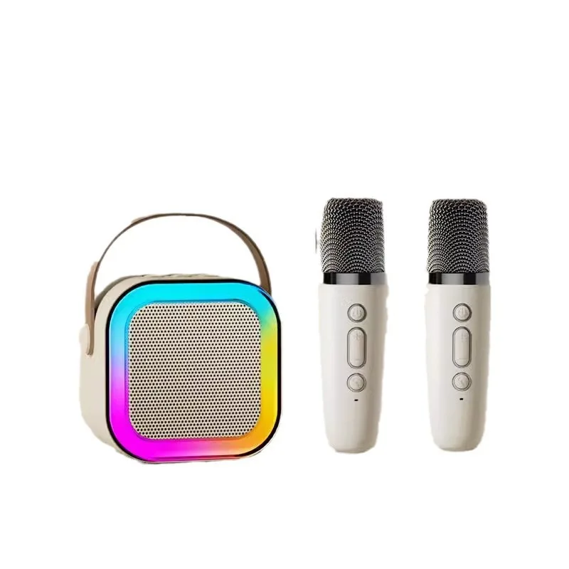 Caixa De Som Para Karaokê (bege) - Microfones Duplos Com Luz Led Rgb