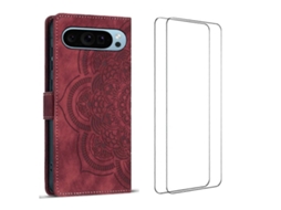 Capa Tkdaddy Para Google Pixel 10 Pro Com 2 Peças De Vidro Temperado Wanlonfeng Mtl Series Mandala Couro Capa De Celular Vermelha