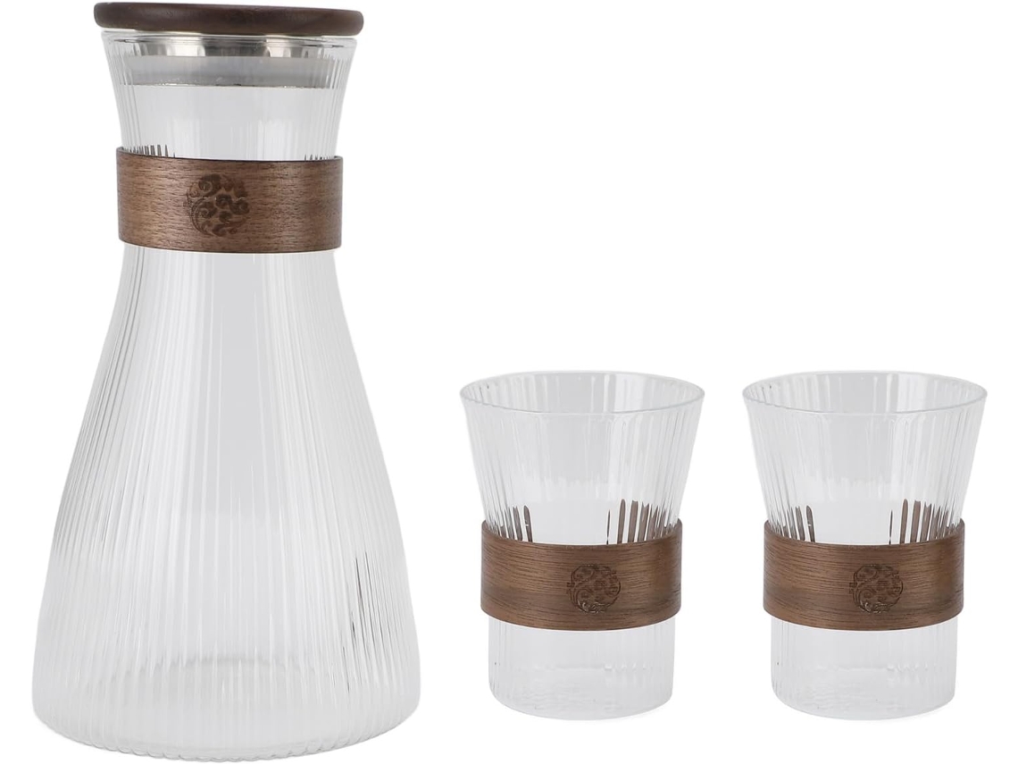 Conjunto De Mesa De Cabeceira Circular De Madeira Com Jarra E Copo Para Chá, Suco E Café.