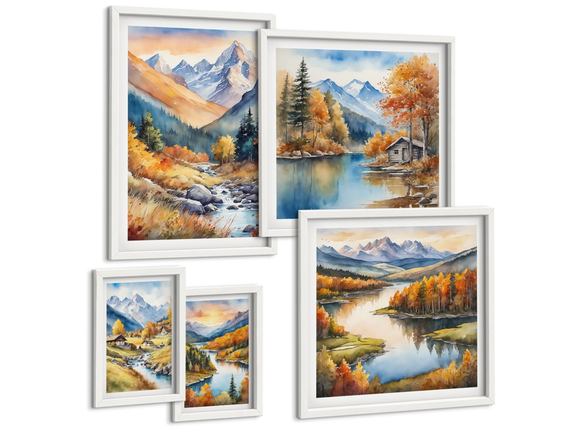 Conjunto De Pinturas Montanhas De Outono Rios Casinhas Espelharte (5 Peças)