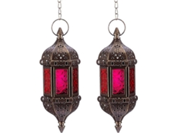 Omni 2 Portavasos de Vela Hexagonales Colgantes Estilo Moroccano de Hierro Bronce Con Cristal Rojo Y Púrpura