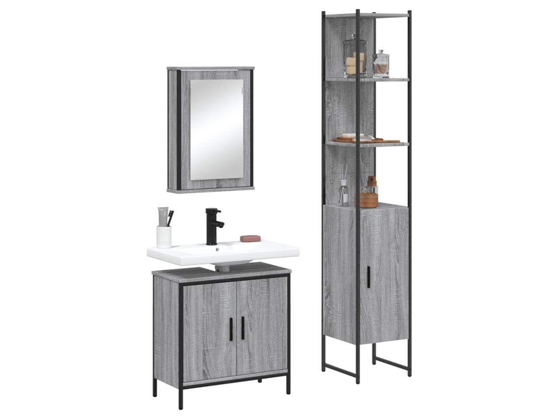 Vidaxl 3 Pcs Conjunto Móveis Casa De Banho Madeira Proc. Cinza Sonoma