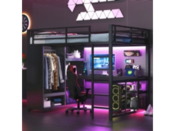 Cama Mezana De Metal Para Jogos 140x200 Com Led, Escrivaninha, Guarda-roupa Aberto E Compartimentos De Armazenamento, Preto-op