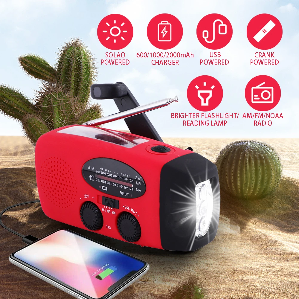 Rádio solar AQUAFORGE portátil, com manivela, am/fm, iluminação led, carregador de celular