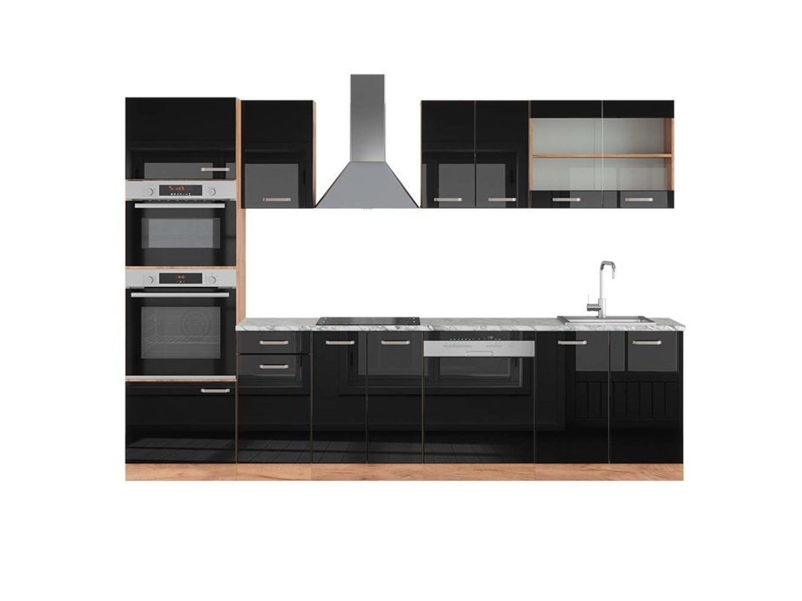 Cozinha R-Line, 300 cm com armário alto, Mármore PT, Preto brilhante/Carvalho dourado, Vicco