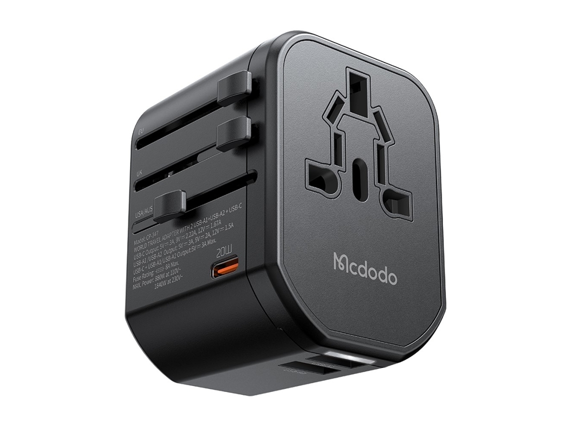 Adaptador De Viagem Mcdodo 20w Pd, 2x Usb, A, 1x Usb, C, Preto
