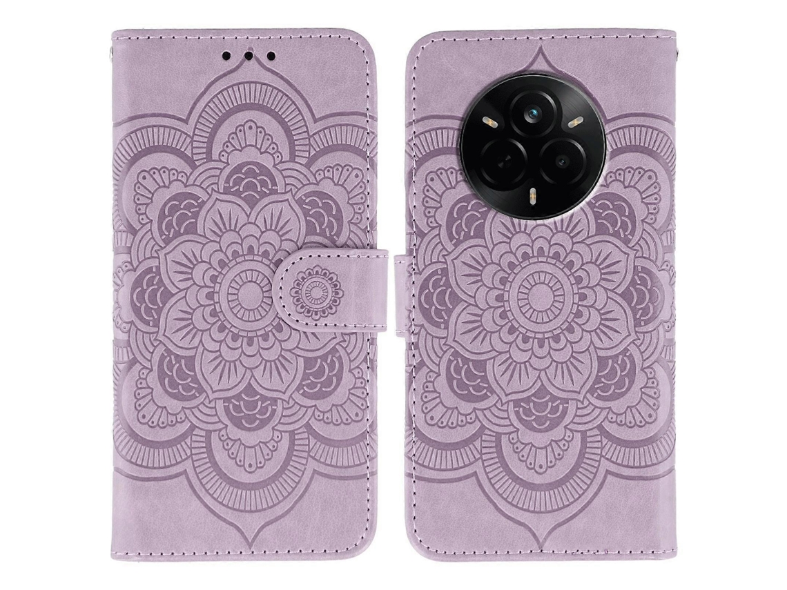 Capa De Couro Para Celular Com Padrão De Mandala Solar Em Relevo