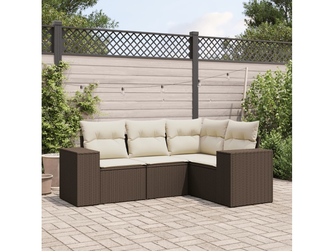 Vidaxl 4 Pcs Conjunto Sofás De Jardim C/ Almofadões Vime Pe Castanho