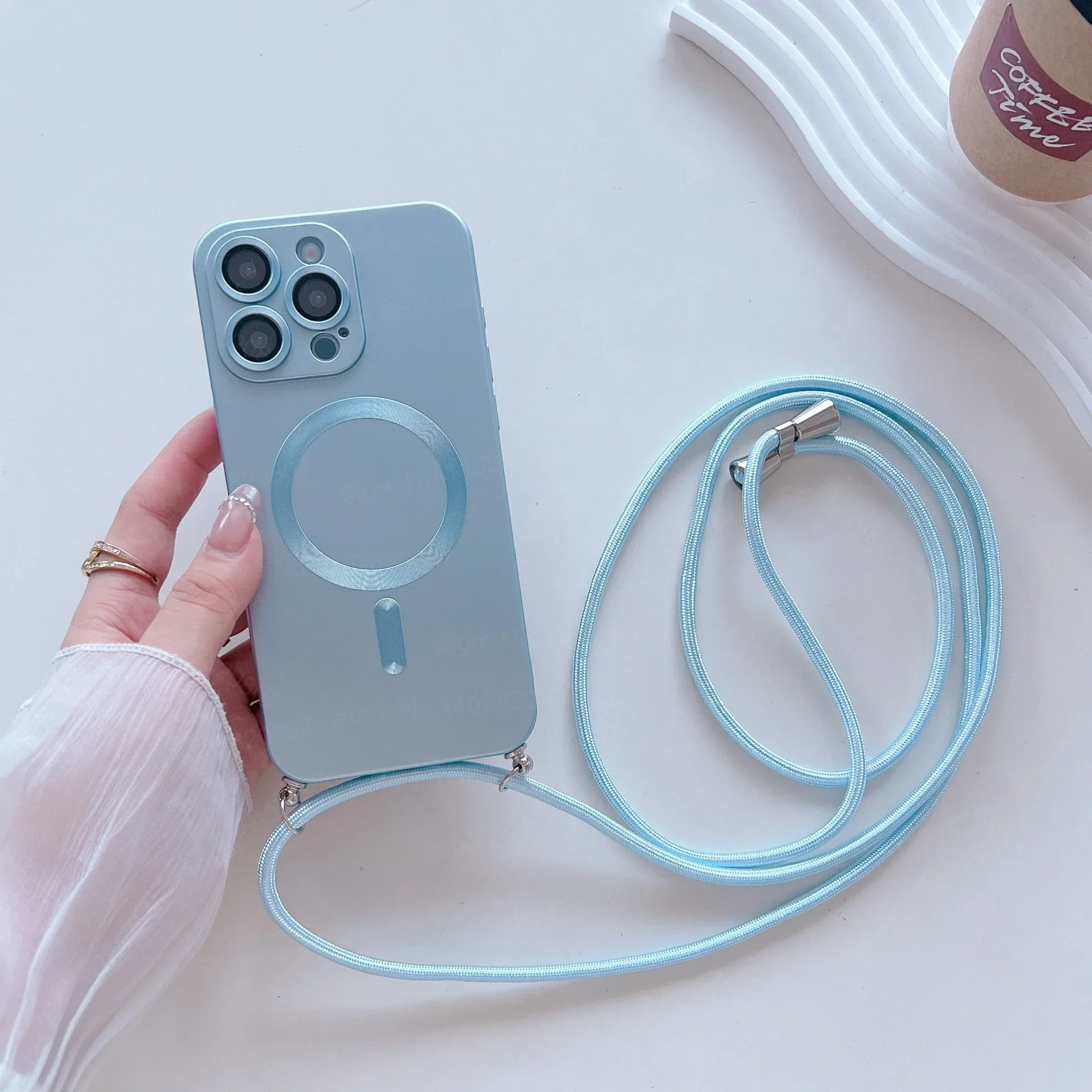 (azul Claro, Iphone 14 Pro) Capa Magnética Para Celular Com Alça Transversal E Cordão Fosco Resistente A Impactos.