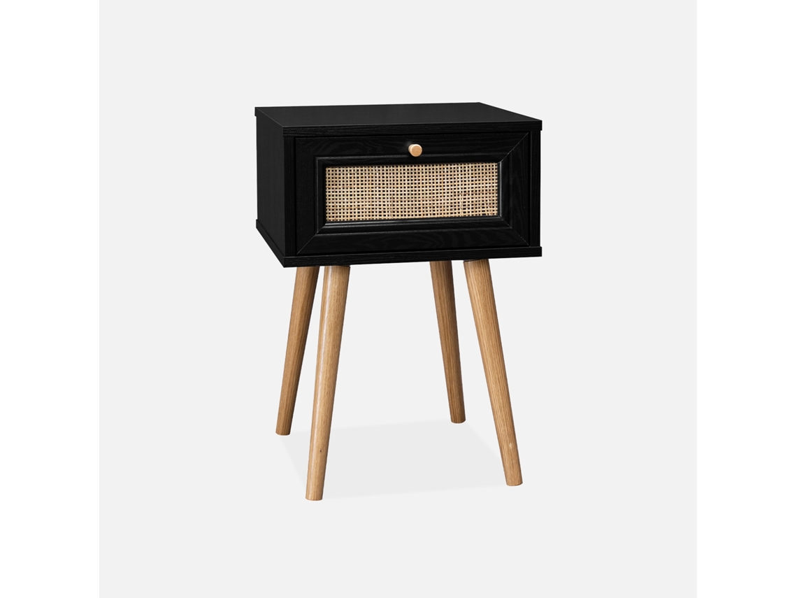 Mesa de Cabeceira com Efeito Madeira e Cana 1 Gaveta Preto SWEEEK
