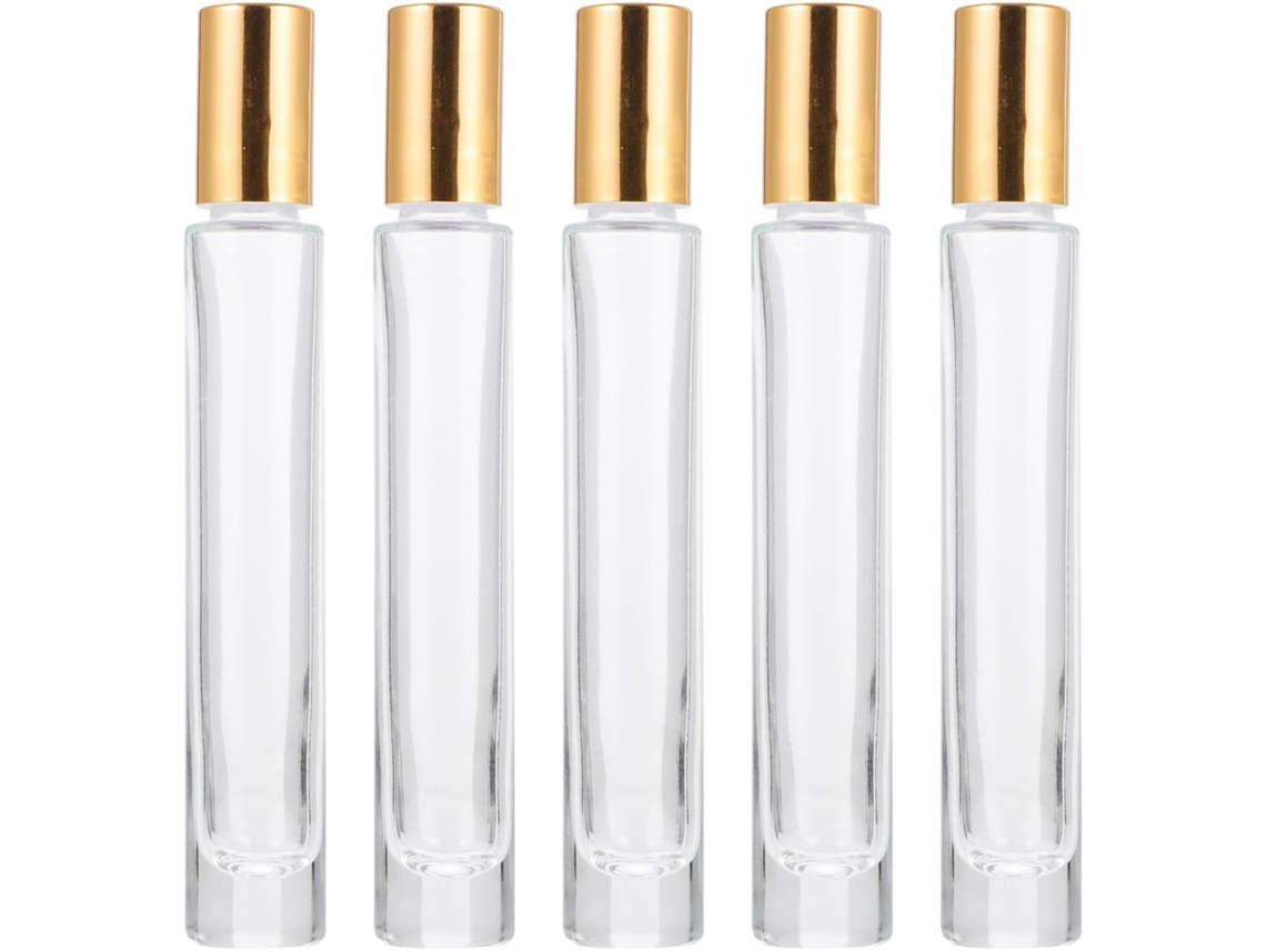 Conjunto de 5 frascos roll-on de vidro para perfumes e óleos.