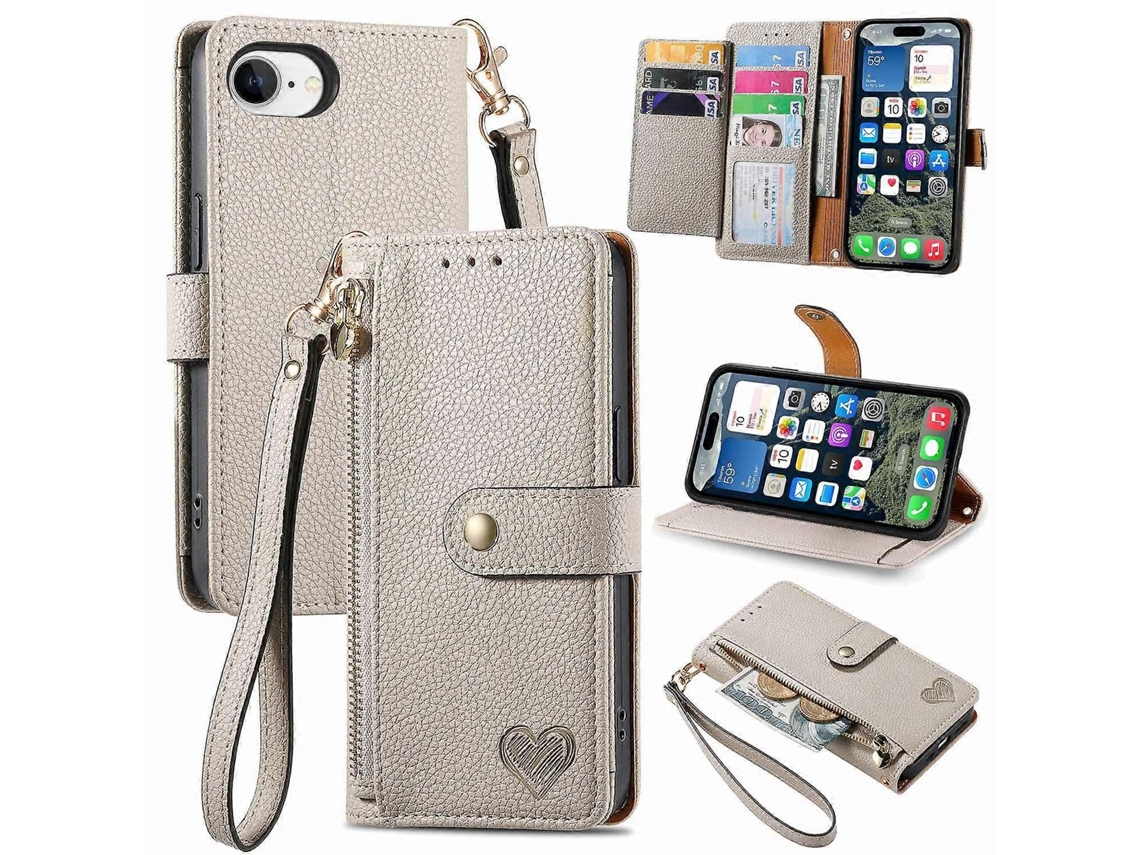 Capa Tipo Carteira De Couro Com Bloqueio Rfid Para Iphone 16e E Bolso Com Zíper