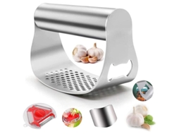Apertador de Alho Nova Line, aço inox, com pincel de limpeza e descascador | S/MARCA