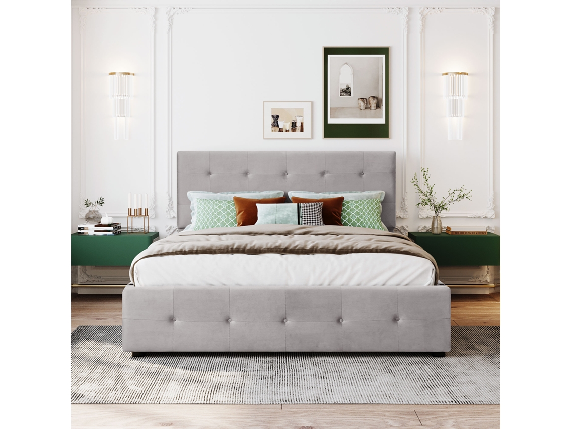 Cama de Casal PAPRIKA 140x200cm com Gavetas e Estrado em Veludo Cinza