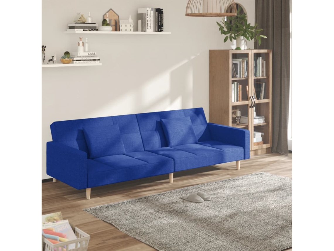 Vidaxl Sofá-cama 2 Lugares Com Duas Almofadas Tecido Azul