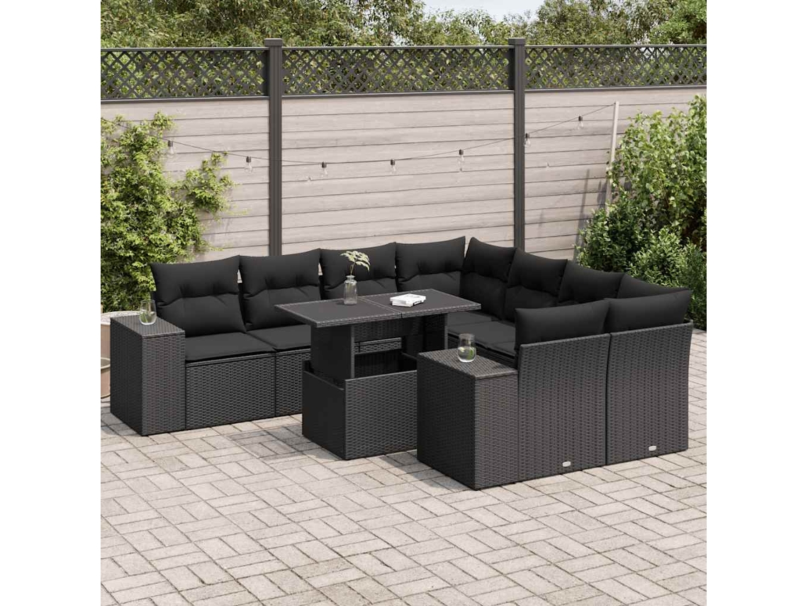 Vidaxl 9 Pcs Conjunto De Sofás P/ Jardim C/ Almofadões Vime Pe Preto