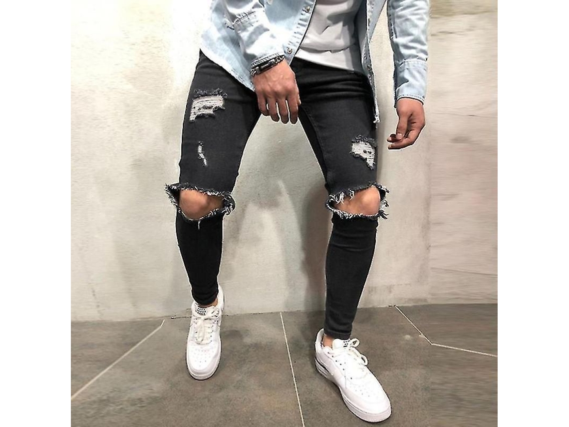 2026 calças Jeans Skinny Rasgadas com Riscos e Buracos nas Joelhos para Homens Hiz 2xl Negro