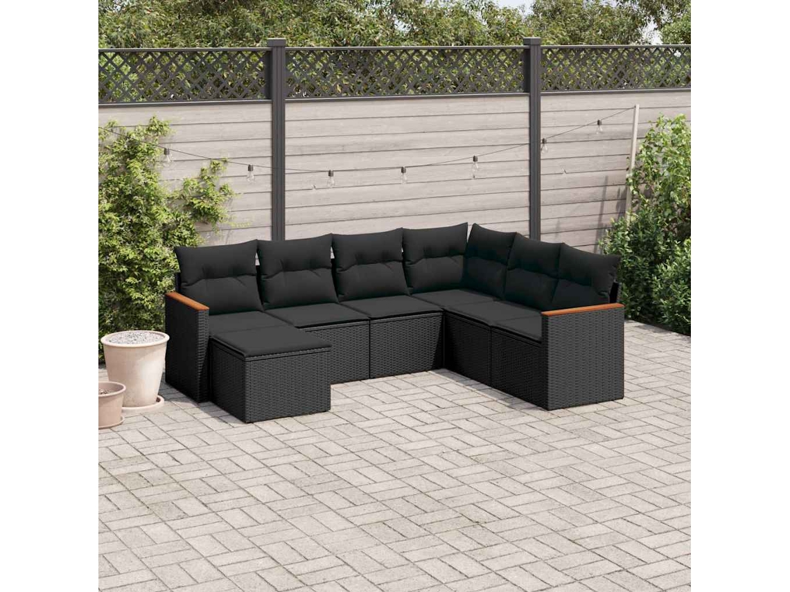 Vidaxl 7 Pcs Conjunto De Sofás P/ Jardim C/ Almofadões Vime Pe Preto