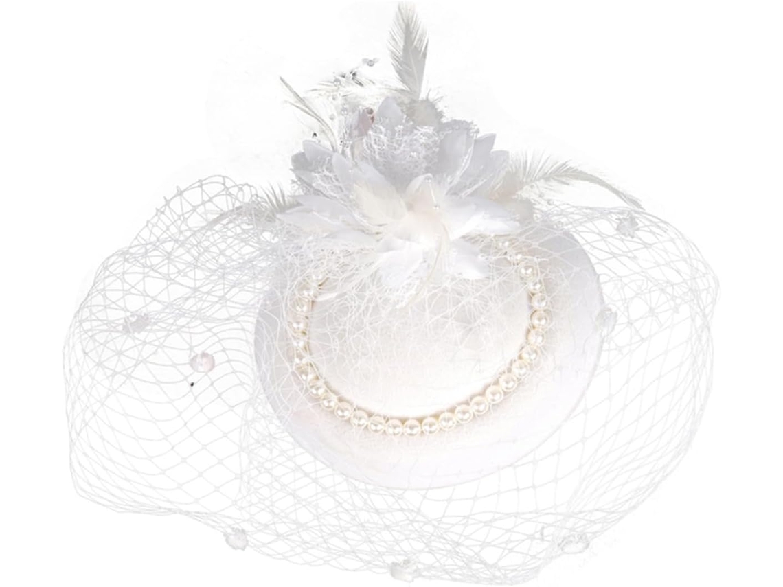 Fascinator Feminino Romântico, Chapéu De Noiva Em Renda Branca Com Penas E Pérolas.
