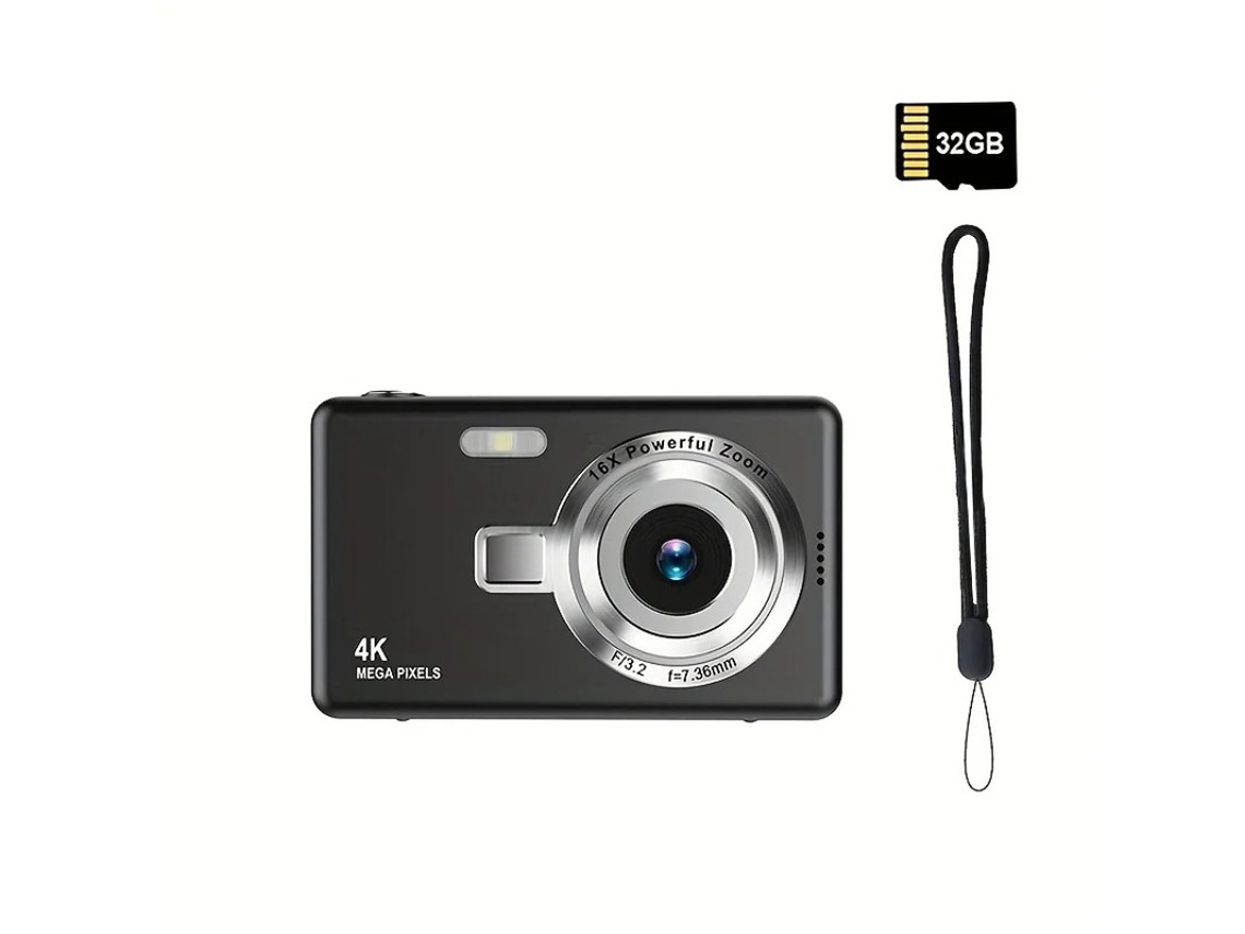 Câmera digital portátil Yizhood 4K HD com foco automático, cartão de memória de 32 GB e luz pré-iluminada (preta)