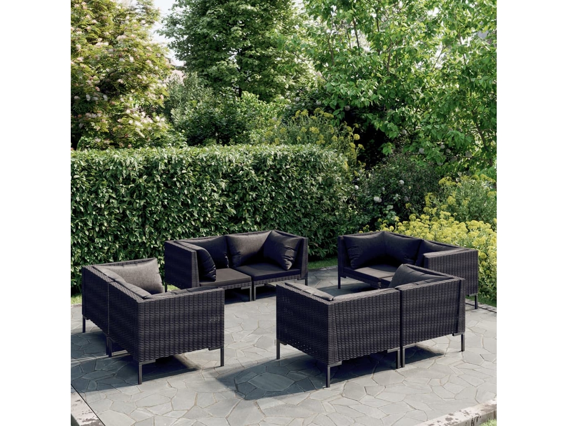Vidaxl 8 Pcs Conj. Lounge Jardim C/ Almofadões Vime Pe Cinzento-escuro