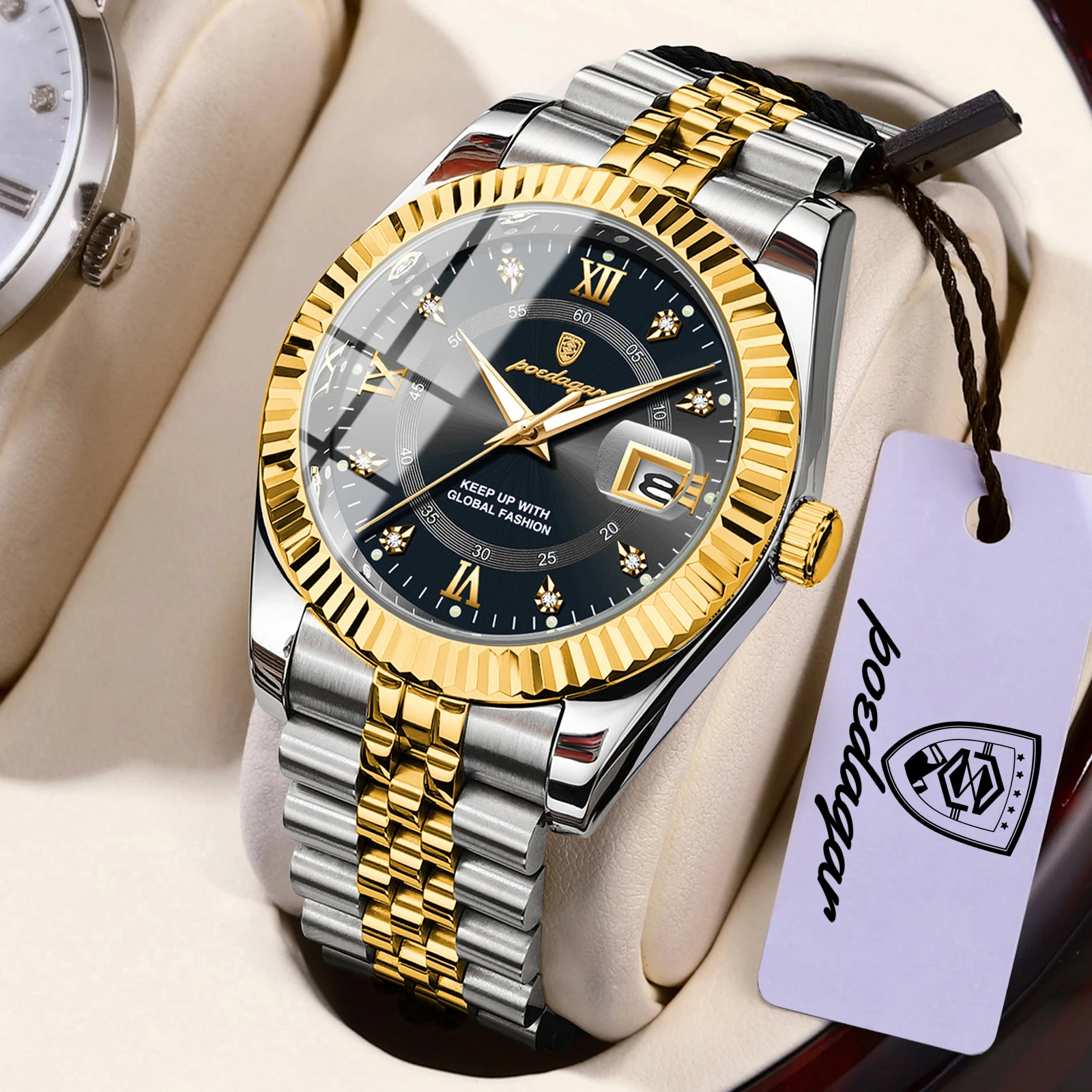 Relógio masculino de luxo Pulse (dourado e dourado), com movimento de quartzo, em Prova D'água, com dados luminescentes e design elegante.