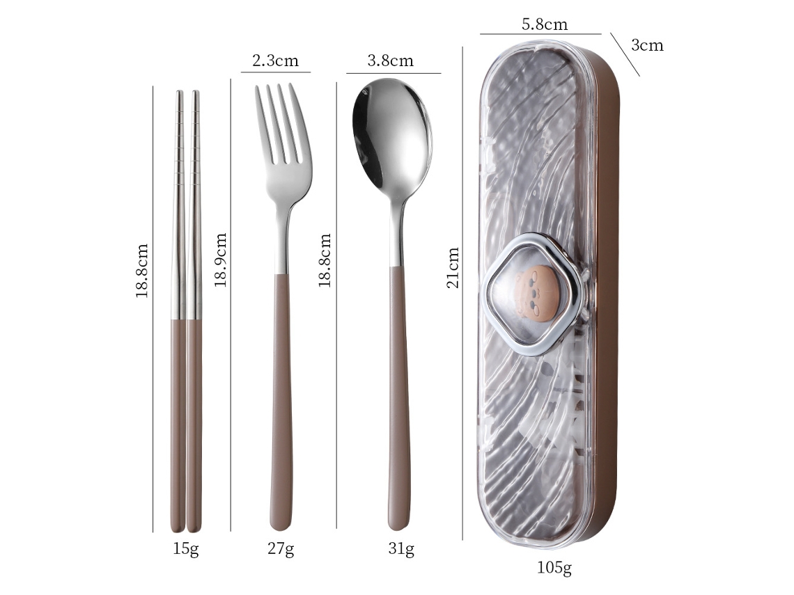 Conjunto De Talheres (3 Peças) Em Aço Inoxidável 304: Pauzinhos, Colher E Garfo (marrom E Prata).