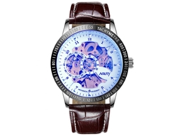 Relógio mecânico analógico masculino com pulseira de couro marrom, azul e branca.