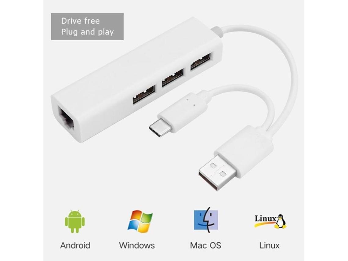 Adaptador Hub Usb Tipo Portas Fast Ethernet ABS
