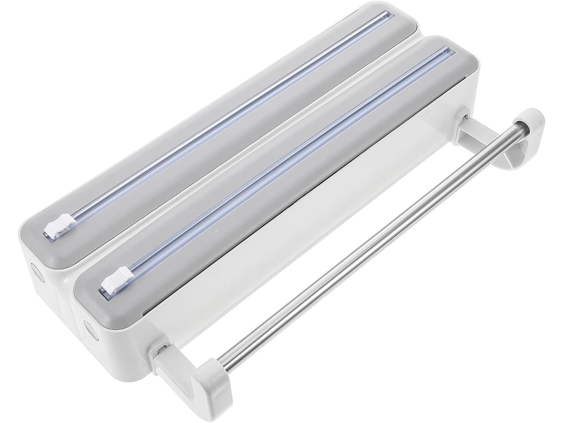 Dispensador de filme plástico de dupla camada com cortador, caixa de armazenamento em ABS para cozinha, durável e prática.