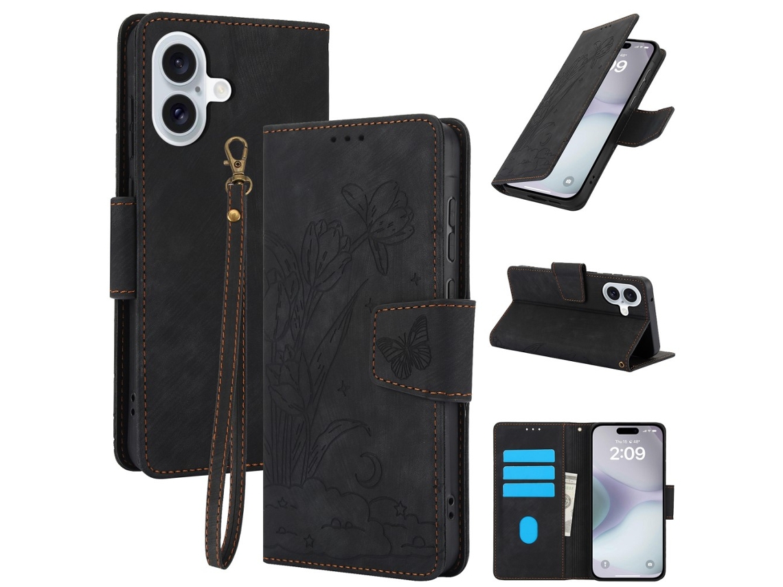 Capa Em Couro Pu, Com Pega, Para Apple Iphone 16 Plus Preto