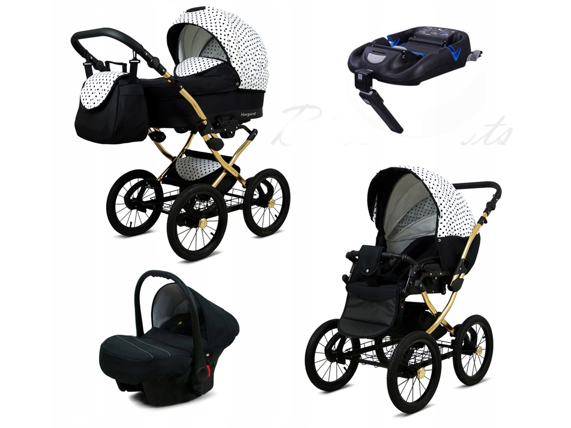 Carrinho de Bebé Multifuncional BABYLUX MARGARET GOLD 4 Em 1 -Black Dots - Ajustável e dobrável Construção leve em alumínio - Acessórios