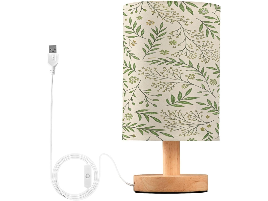 Abajur De Cabeceira Led Com Estampa Folha Verde, Ideal Para Quarto, Leitura Com Cúpula De Tecido, Base De Madeira E
