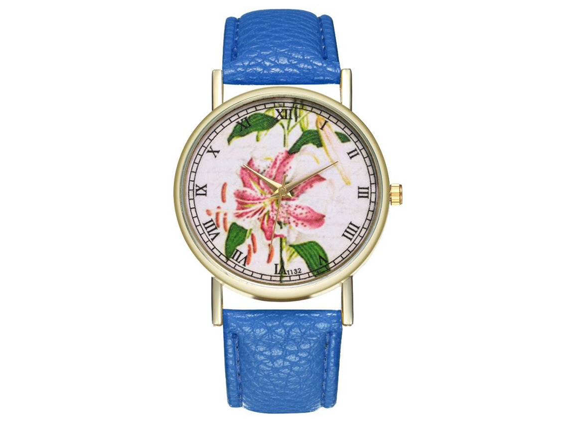 Relógio de Pulso Analógico de Quartzo com Pulseira Pu Estilo Floral Royal Blue para Mulheres