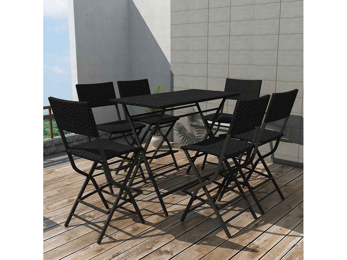 Vidaxl 7 Pcs Conjunto De Jantar Dobrável Jardim Aço E Vime Pe Preto