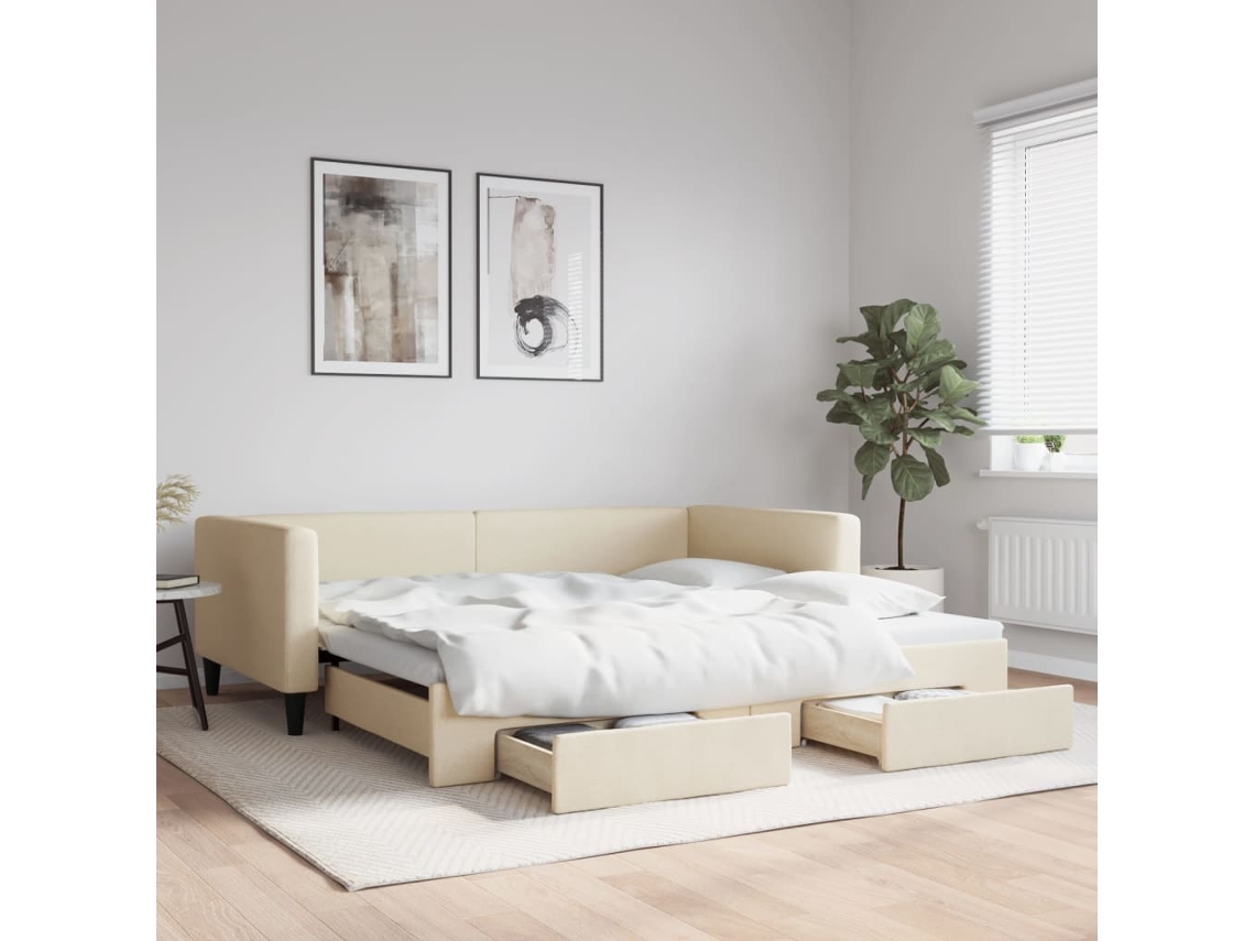 Sofá Cama De Solteiro Com Gavetas Gavetão Lovely Home Madeira Tecido Bege (100x200)
