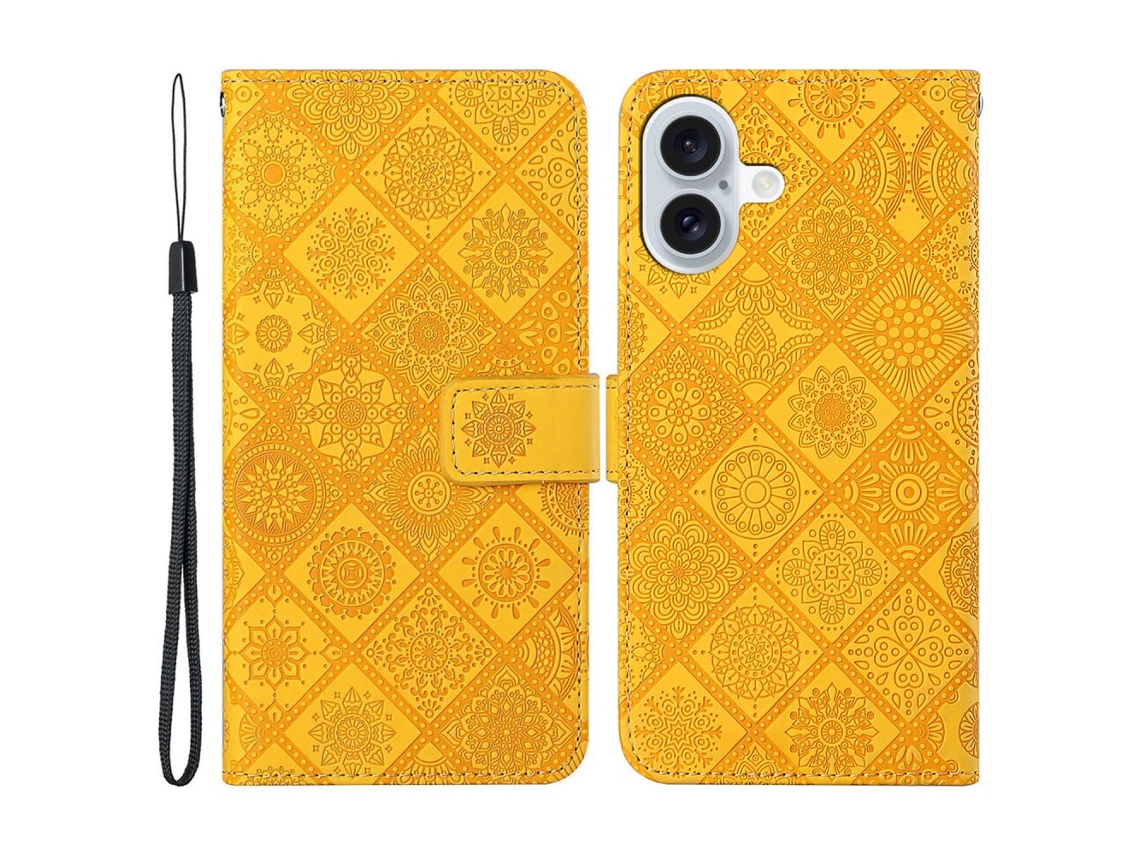 Capa Em Couro Pu Com Pega Para Apple Iphone 16 Plus - Amarelo
