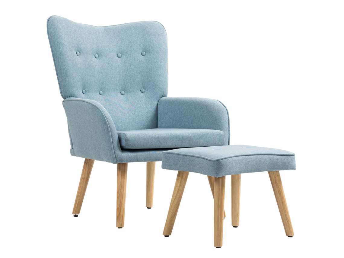 Poltrona com Apoio para Pés Poltrona de Leitura com Capitonê Pés de Madeira e Revestimento em Linho 70x72x94 Cm Azul Claro PROFESIA BOYANG