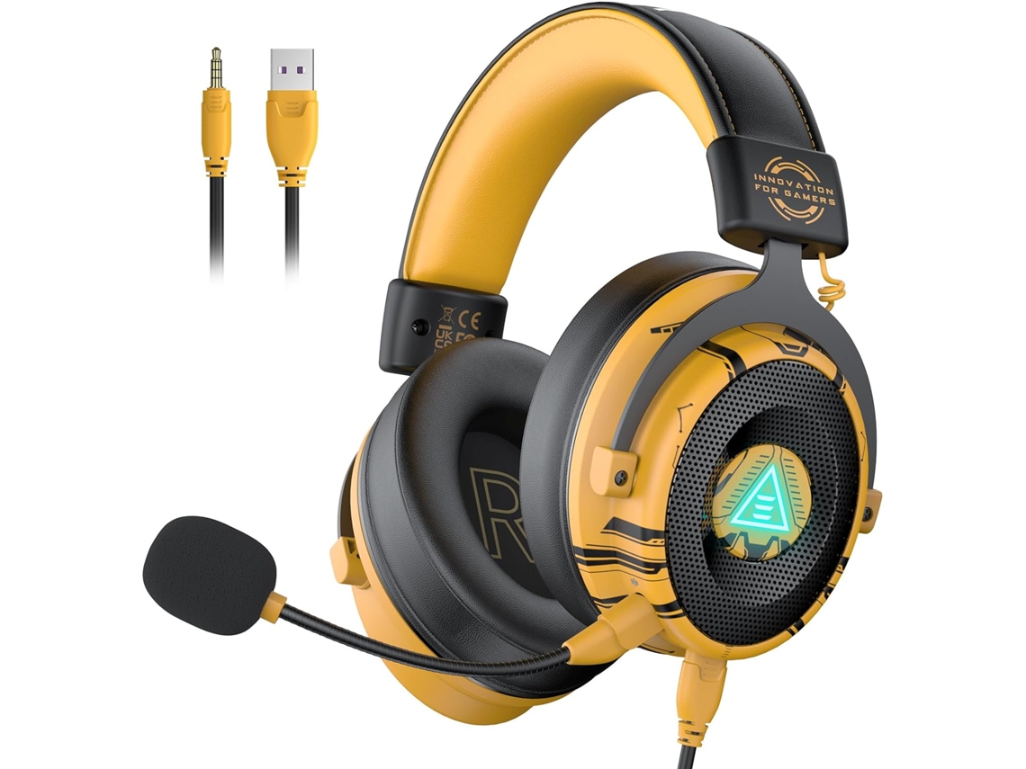 Fone de Jogo USB 7.1 Surround, Drivers 50mm, Microfone Removível, Cancelamento Ruído Amarelo JIAPEI