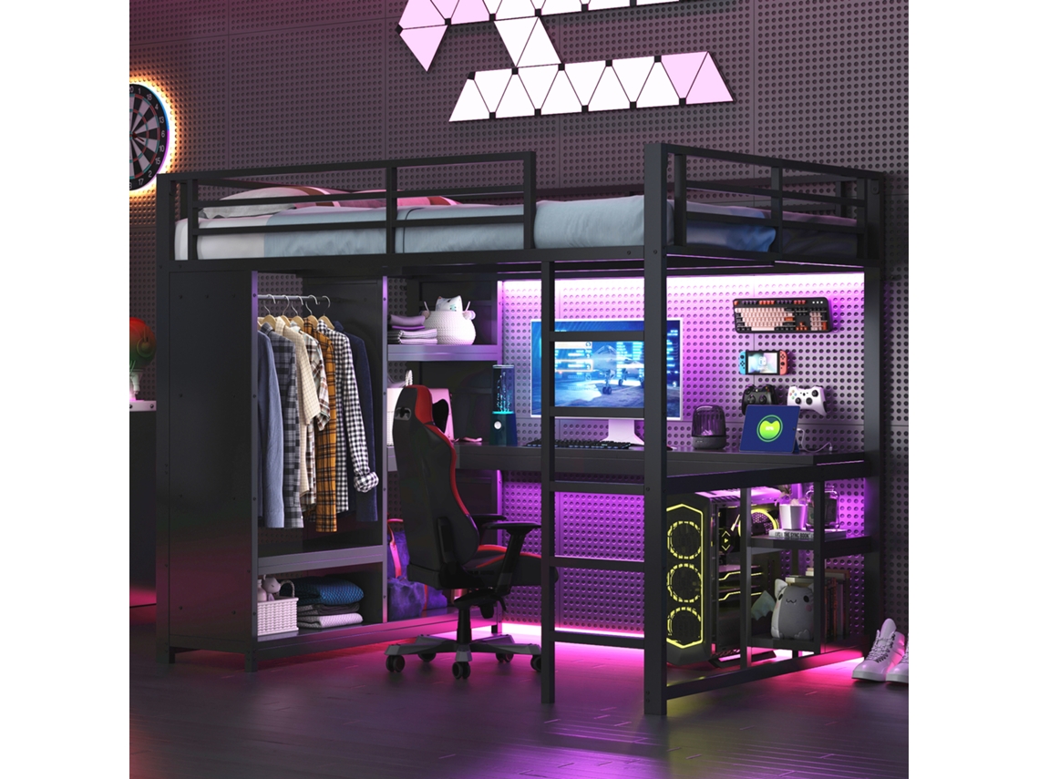 Cama Mezana De Metal Para Jogos 140x200 Com Led, Escrivaninha, Guarda-roupa Aberto E Compartimentos De Armazenamento, Preto-op