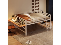 Mezanino 140x200cm com estrutura metálica, led ambiente, escada, guarda corpo, escrivaninha integrada branco KOMHTOM