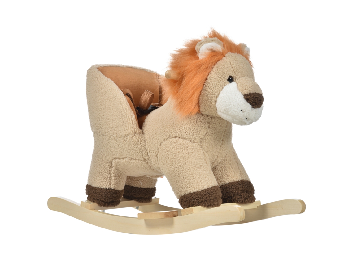 Cavalo de balanço estilo cowboy, com pelúcia macia e madeira de álamo. Para crianças a partir de 36 meses, suporta até 40 kg. Cor marrom e branco.