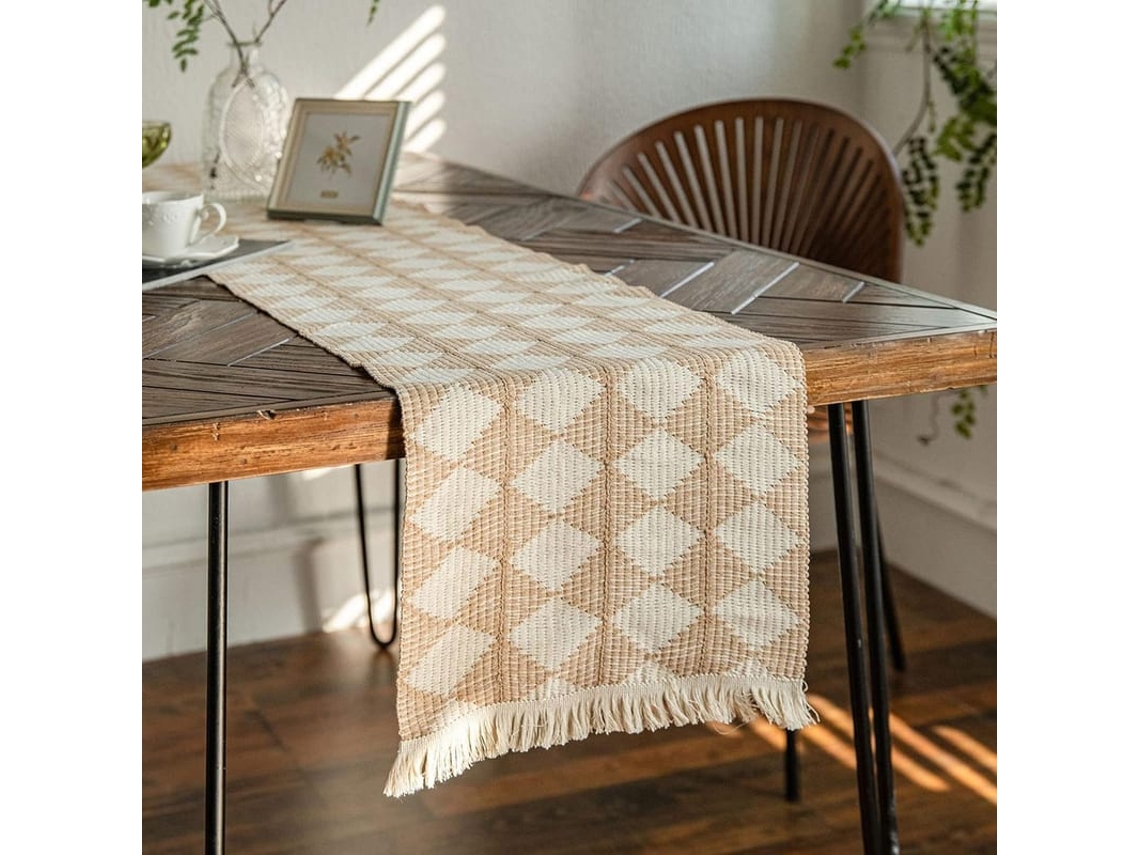 Caminho De Mesa Boho Com Tassel 13.7x71 Polegadas Decoração De Mesa Xadrez Caqui