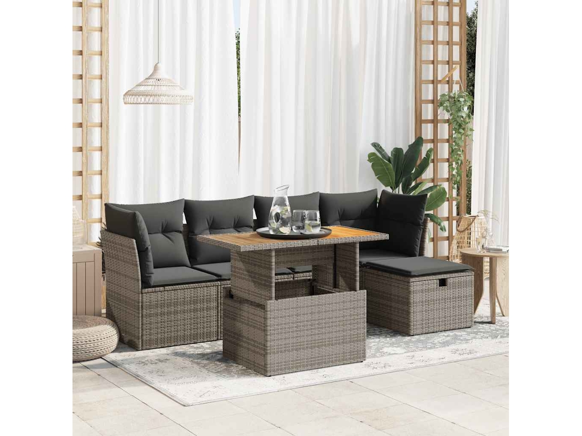 Vidaxl 6 Pcs Conjunto Sofás Jardim Com Almofadões Pe/acácia Cinzento