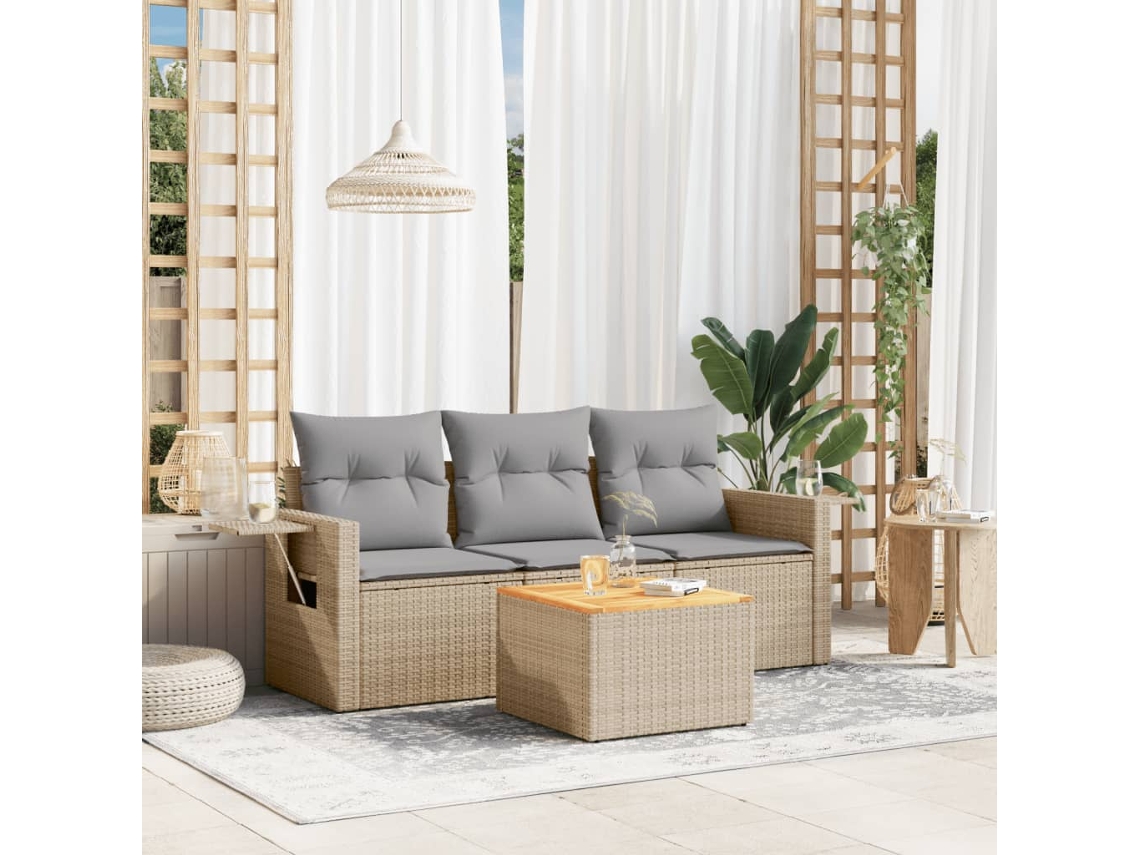 Vidaxl 4 Pcs Conjunto De Sofás Para Jardim C/ Almofadões Vime Pe Bege