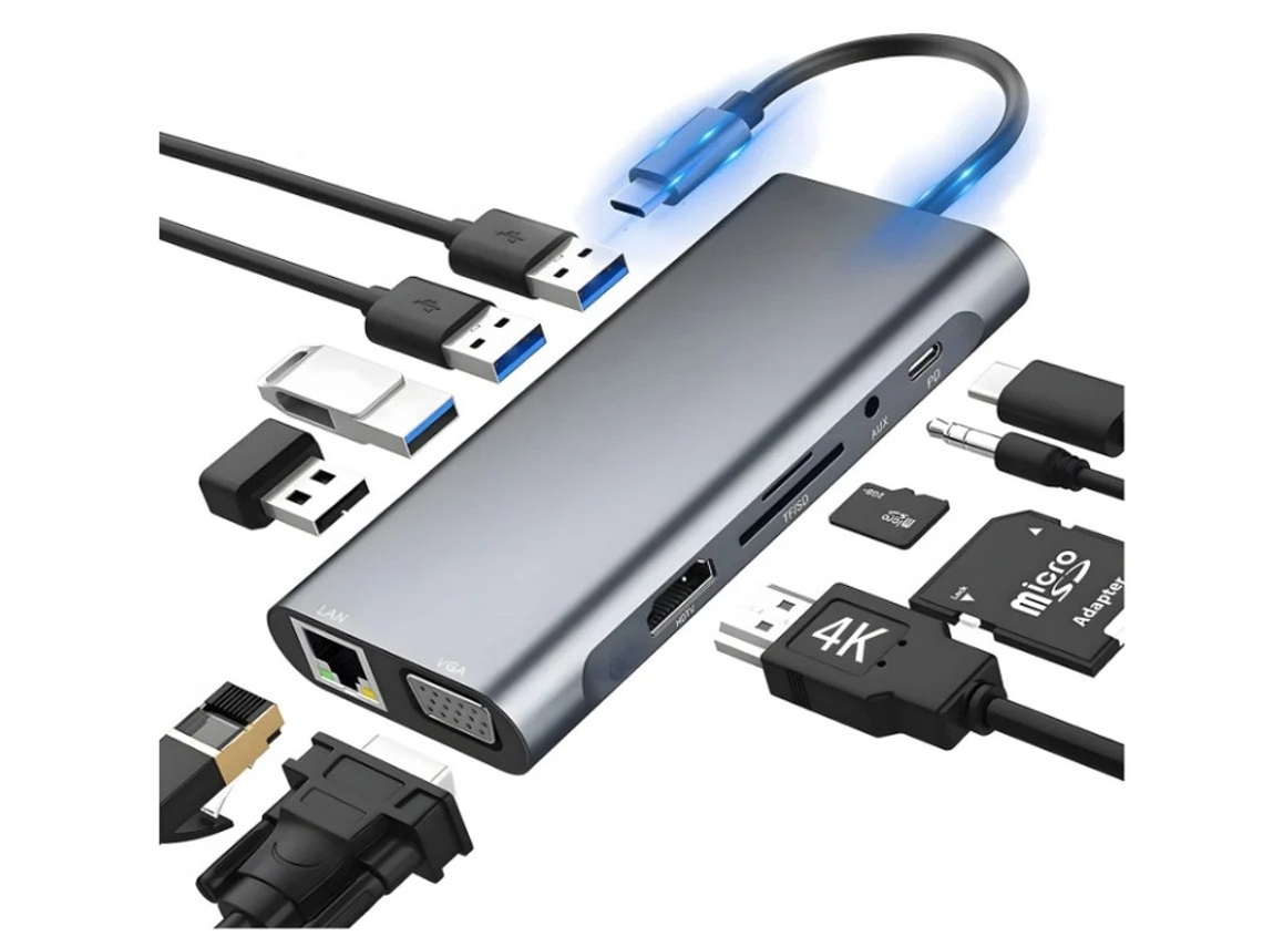 Usb C Hub 11 em 1 Usb C Hub Docking Station Usb C para Adaptador Hdmi com 4K Hdmi Rj45 Ethernet Vga Porta Usb 100 W Pd Aux Sd/Tf Card Reader YIZHOOD