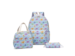 Conjunto De Três Peças De Mochila Com Estampa De Borboleta, Mochila + Bolsa Térmica + Estojo Azul