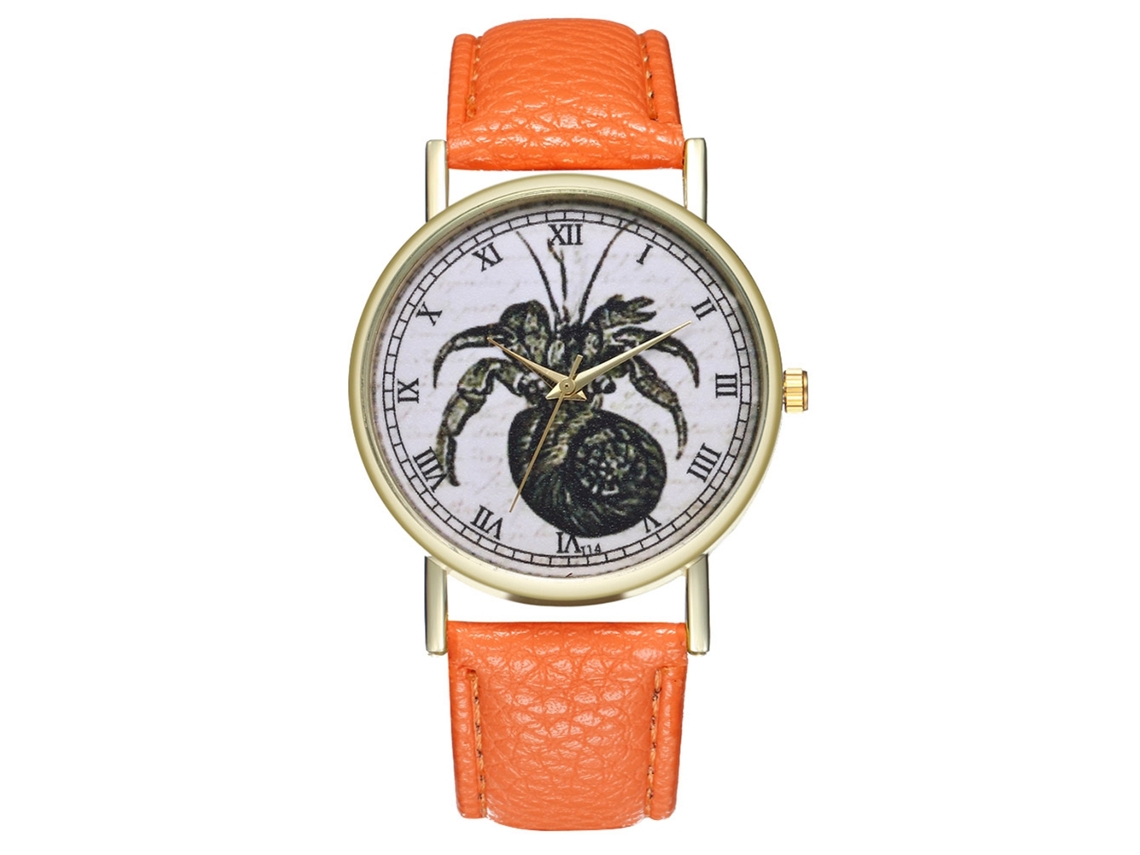 Relógio Feminino de Pulso com Pulseira de Couro Pu Fashion Quartzo Laranja
